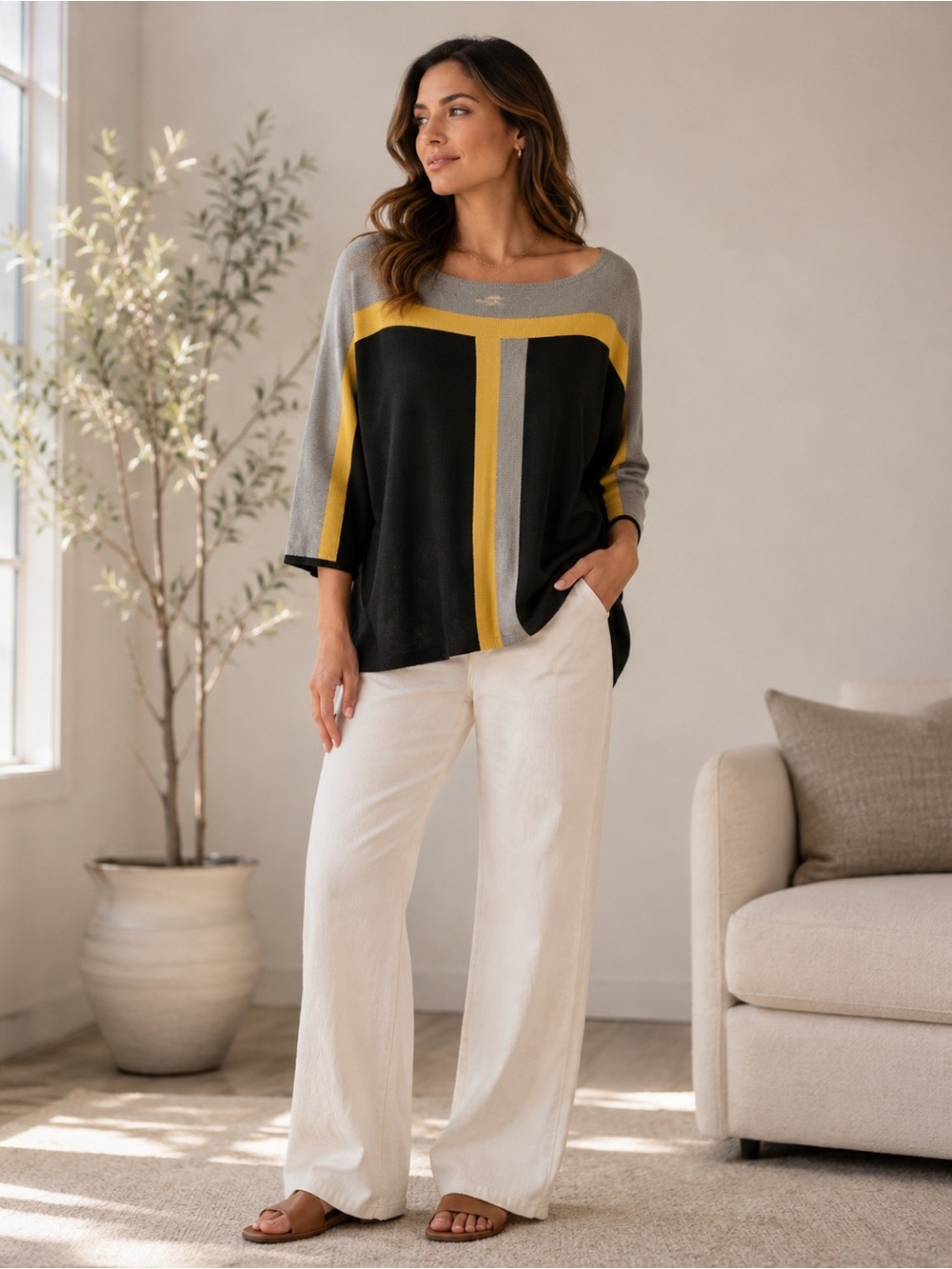 Cable &‎ Gauge Black, Gray & Yellow Colorblock Scoop Neck Sweater